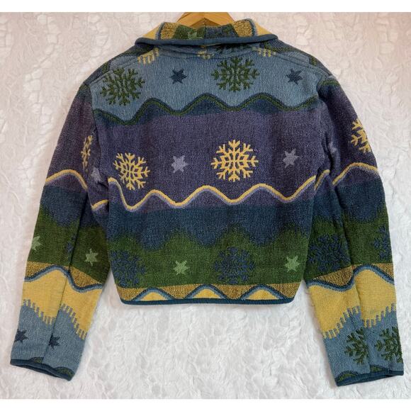 VTG Flashback Art to Wear Tapestry Jacket Purple Blue Snowflake Winter Stars Med - Picture 3 of 13